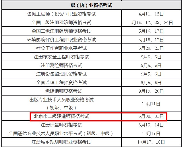 北京市二級建造師考試時間