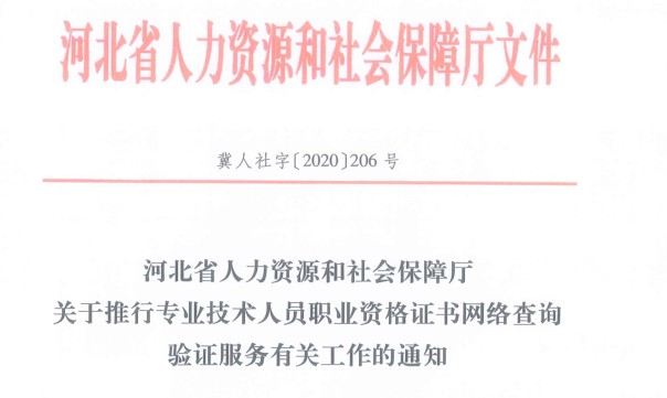 河北省人力資源和社會(huì)保障廳關(guān)于推行專業(yè)技術(shù)人員職業(yè)資格證書(shū)網(wǎng)絡(luò)查詢驗(yàn)證服務(wù)有關(guān)工作的通知